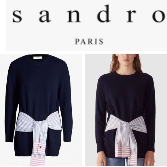 Sandro Suzanne Cashmere Wool Blend Waist Tie Navy Sweater - Picture 1 of 9
